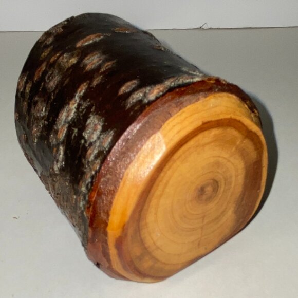 Small Wooden Log Trinket Box Treasure Secret Drawer Blue Velvet Vintage Signed - Picture 3 of 6